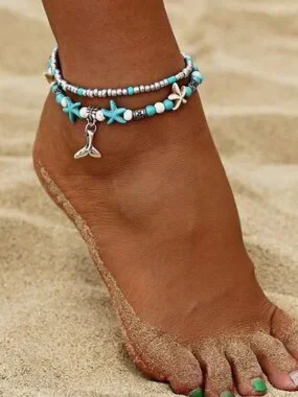 Anthropologie Turquoise Silver Beaded Starfish Anklet Set